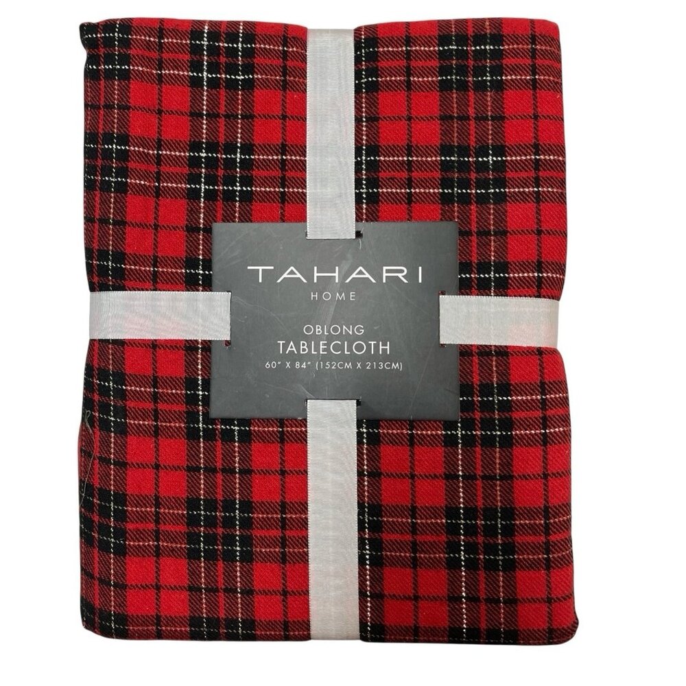 Tahari Home Tablecloth Tartan‎ Plaid Red Black Oblong 60X84" Traditional Holiday